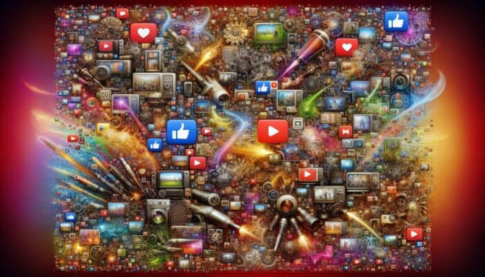 Collage of vibrant short-form video thumbnails surrounded by animated likes, shares, and comments, symbolising high engagement and visibility.