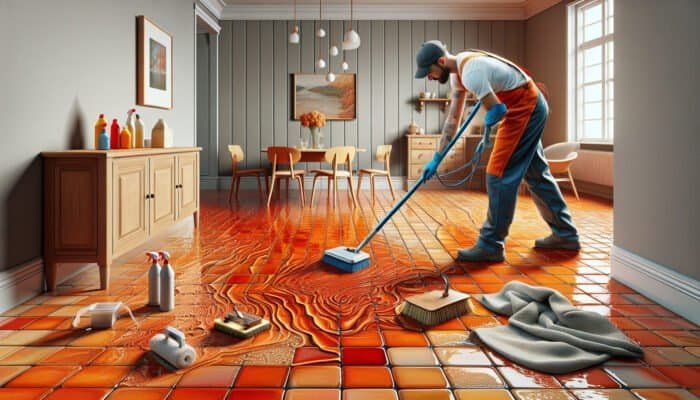A professional cleaner restoring a vibrant terracotta floor in a UK home with specialized tools.