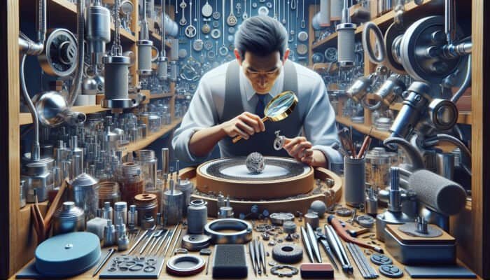 A person examining jewelry with a magnifying glass in a workshop full of polishing tools and machines.