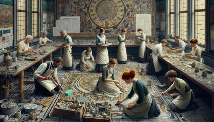 Artisans restoring Victorian mosaic, cleaning, stabilising, and repairing intricate tile patterns for preservation.