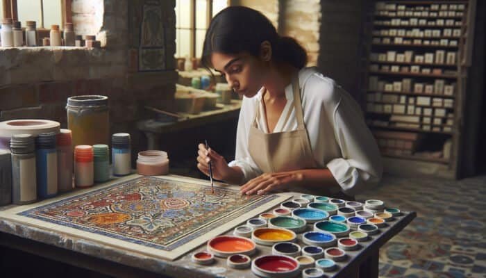 A Victorian mosaic restorer blending custom pigments to match original tiles under studio lighting.