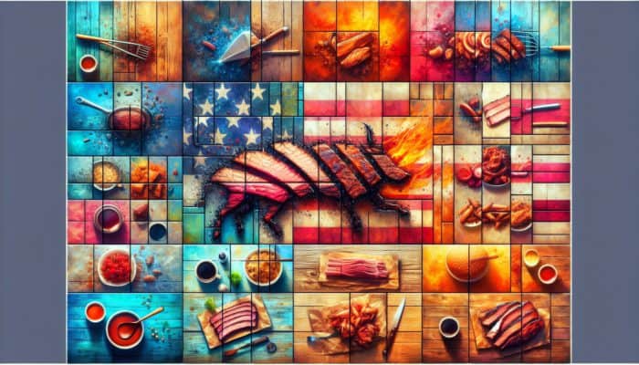 A vibrant collage of regional BBQ styles with hashtags on a rustic wooden background.