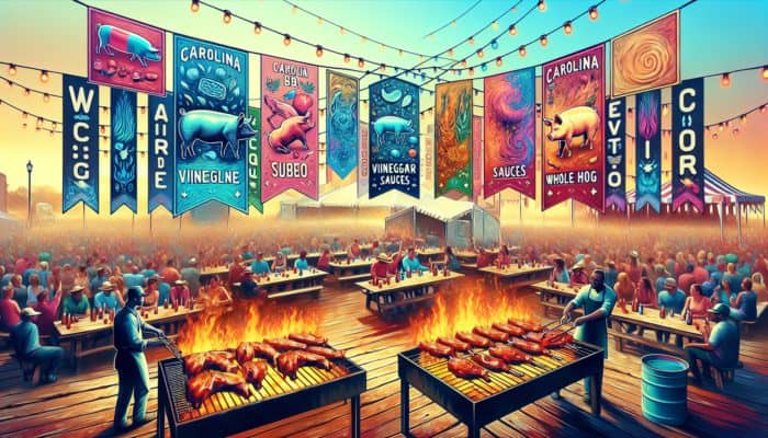 Scene at a Carolina BBQ festival with whole hogs roasting, fans enjoying vinegar sauces, #CarolinaBBQ and #WholeHogBBQ banners.
