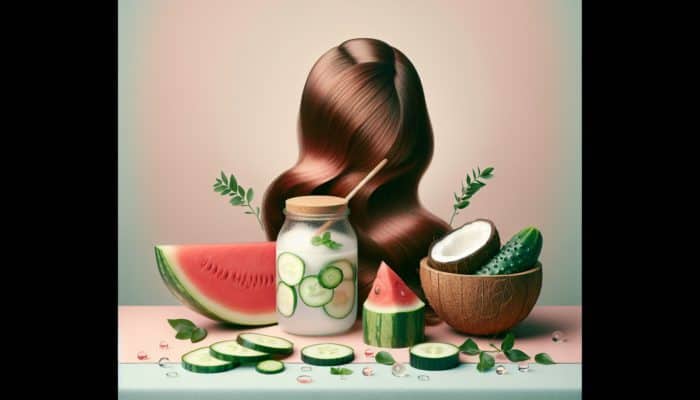 A still life display of watermelon, cucumber, and coconut water surrounding healthy hair on a soft pastel background.
