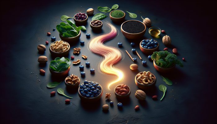 A still life arrangement of blueberries, nuts, and leafy greens like spinach and kale surrounding a shining hair strand, symbolising hair vitality.