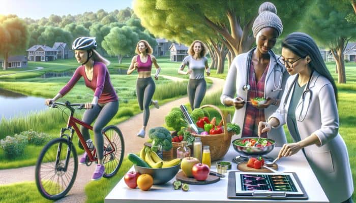 Women cycling, cooking healthy meals, and getting medical check-ups in a supportive community.