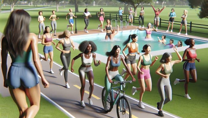 Women engaging in diverse exercises like walking, cycling, swimming, and dancing in a community park, showing joy and camaraderie.