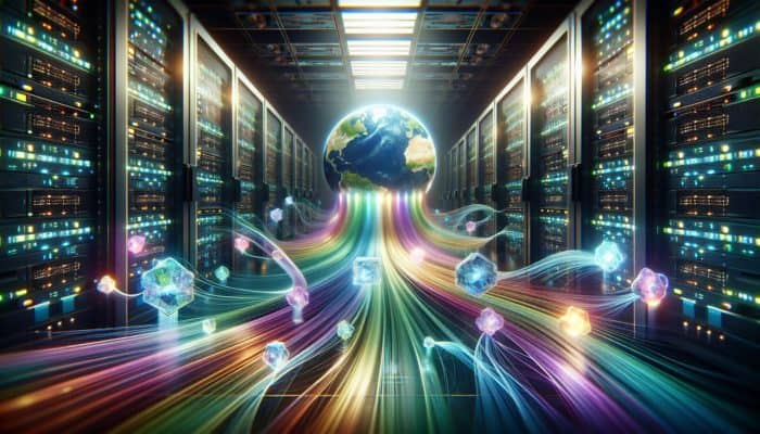 A futuristic server room with optimised data streams, WebP icons, and a global CDN enhancing website performance.
