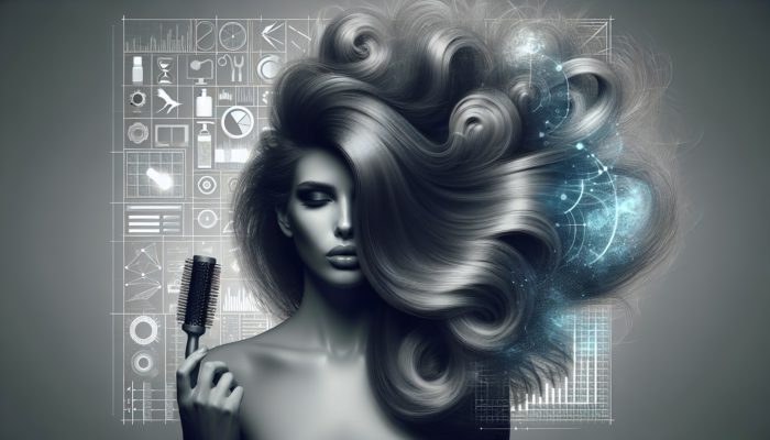 Woman styling her voluminous hair using a round brush, blow dryer, volumizing shampoo, and conditioner to achieve fullness and thickness.