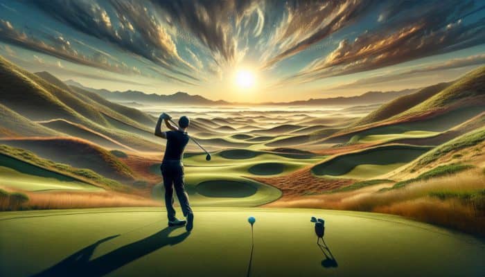 Golfer at Fancourt, South Africa, with a wide stance on undulating fairways for stability and control.
