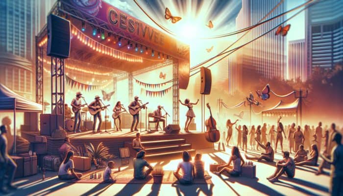 A vibrant Las Vegas local music festival featuring diverse musicians, families, and art enthusiasts enjoying a sunny, budget-friendly day.