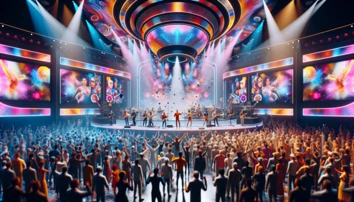 A vibrant charity event with Vegas flair, featuring live music, dance, and theatrical displays, all supporting a good cause.