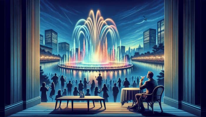 Person enjoying a cocktail at Bellagio, watching the vibrant fountain display at night with crowds.