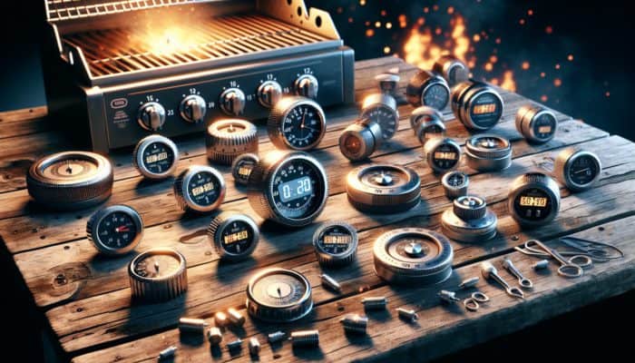 A selection of grill timers on a wooden table: mechanical timers with dials, digital timers with countdown features, and magnetic models positioned near a lit barbecue grill.