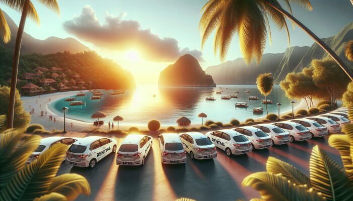 A serene Bali beach with rental cars, illustrating benefits of early booking during peak season.