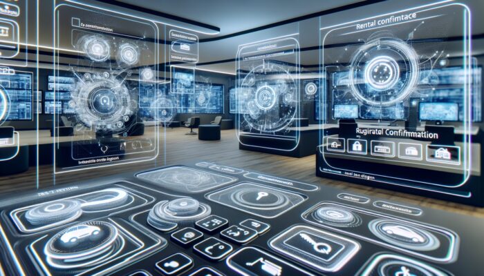 Futuristic car rental office with touchscreen interfaces and holographic displays for instant bookings and digital keys.