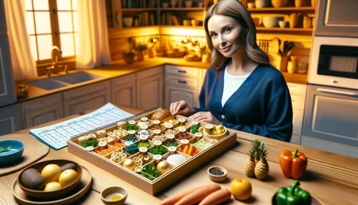 A UK caregiver in a cozy kitchen, using a meal planner with healthy ingredients and a calendar.