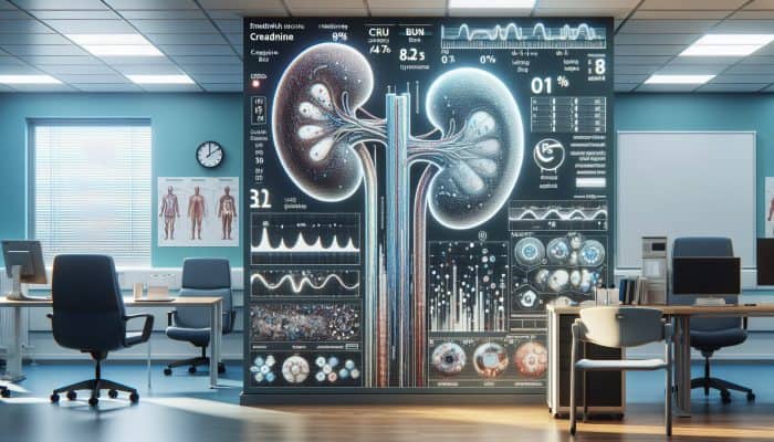 A medical chart showing kidney test results with normal and abnormal ranges in a Smethwick clinic.