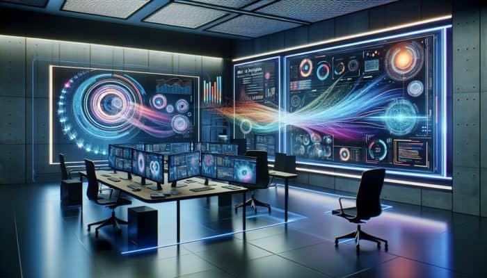 A futuristic interface with colorful graphs and data streams analyzing meta descriptions using AI tools in a modern workspace with holographic screens.