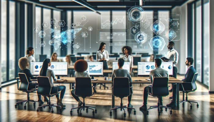 A diverse SEO team in a modern office, training with AI tools on large screens for data-driven insights.