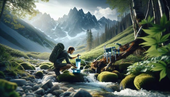 Prepper Hygiene Products: A hiker filters water from a mountain stream using a portable device amidst lush greenery and towering peaks.