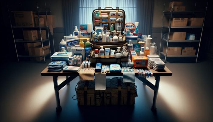 Emergency kit with toothpaste, soap, sanitizer, and wipes on a table in a dimly lit room.