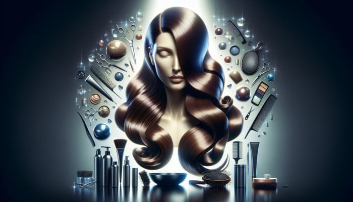 Woman with glossy, salon-quality hair in luxurious waves, in a professional salon setting with hair care products.