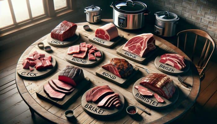 Budget-friendly meat cuts like chuck, round, and brisket on a rustic table, with slow cooker and grill.
