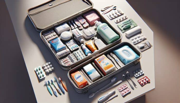 Travel-sized hygiene products in an emergency kit on a table.