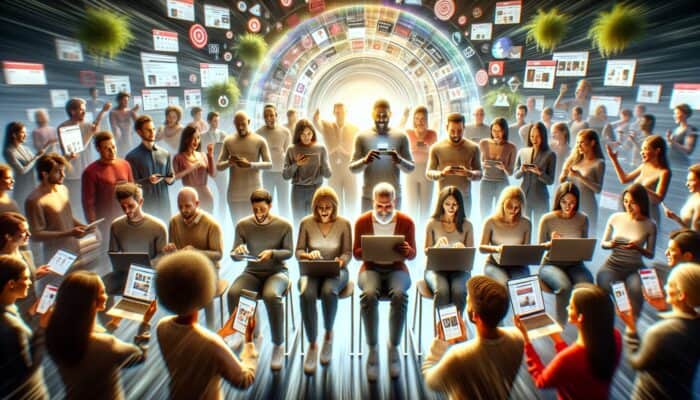 Utilising Customer Stories for E-Commerce SEO: A diverse group of satisfied customers sharing their shopping experiences on an e-commerce site, enhancing SEO.