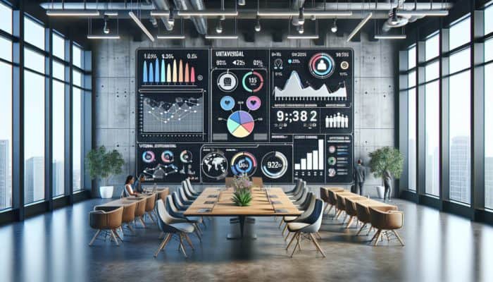 A digital dashboard in a modern office showing graphs of website traffic, engagement, and conversion rates post-syndication.