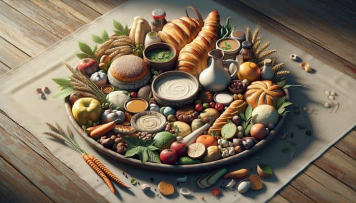 A rustic plate with food arranged unrefined, sauce cascading, baked good askew, evoking home-cooked meal warmth.