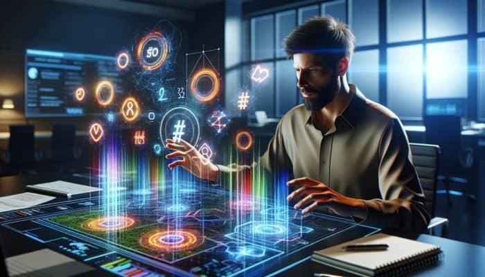 A digital marketing expert analysing trending hashtags on a modern screen equipped with SEO graphs and colourful data visualisations in a contemporary office.
