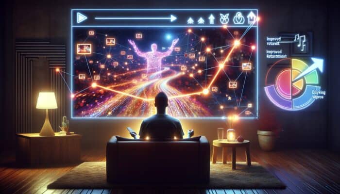 A viewer engaged with a playlist on a screen, graphs indicating increased retention, in a cozy room.