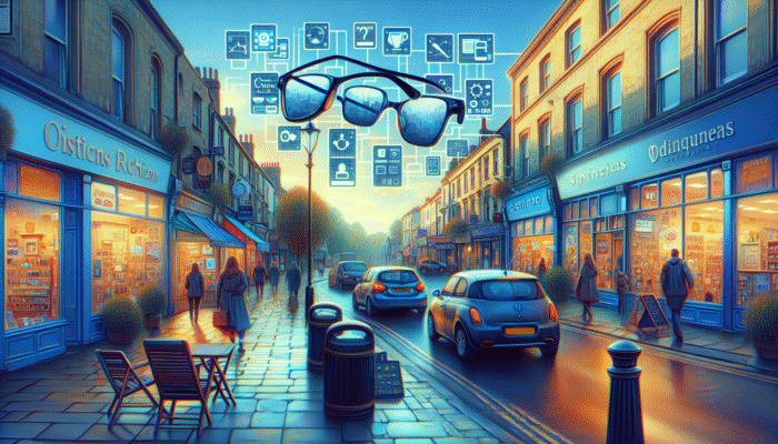 A lively Yeovil street showcasing diverse businesses, featuring SEO-optimised signs and digital displays for local services.