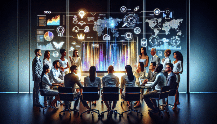 A team of professionals analysing SEO analytics on a computer screen within a contemporary office.