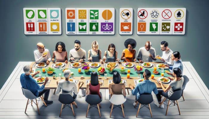 A diverse group relishing allergen-free, vegetarian, vegan, and gluten-free dishes at a dinner table adorned with allergy cards.