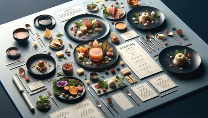 A refined multi-course tasting menu presented on small, artistic plates, showcasing culinary mastery and thematic coherence.