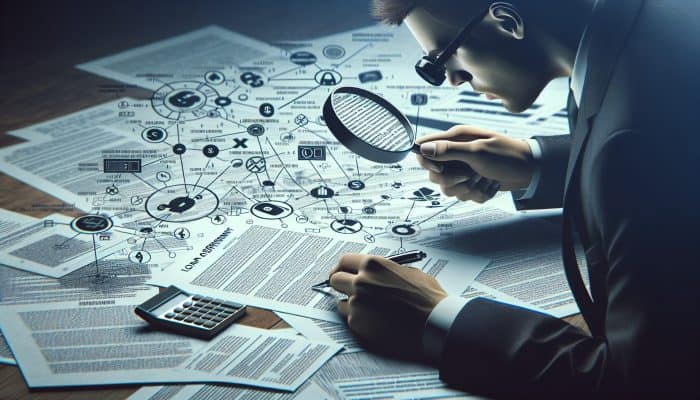 Tips for Faster Debt Consolidation Payoff: UK Strategies | DCL Person scrutinising loan agreement with magnifying glass, surrounded by documents and calculators, focusing on hidden fees.