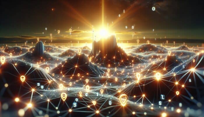 Futuristic digital landscape with AI algorithms enhancing link structures for SEO, symbolizing growth.