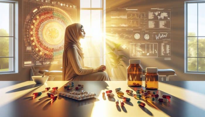 A person in a calm medical setting preparing for a vitamin D test with sunlight and supplements.