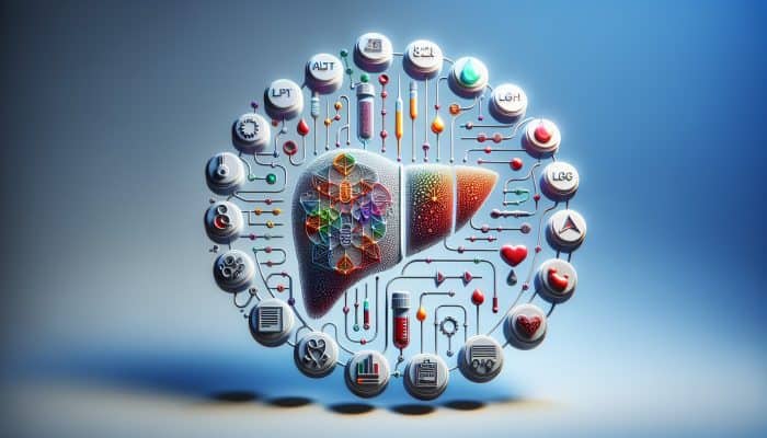 Liver Blood Test in Basingstoke: Illustration of liver function test vials labelled with ALT, AST, ALP, bilirubin, albumin, prothrombin time, GGT, LDH.