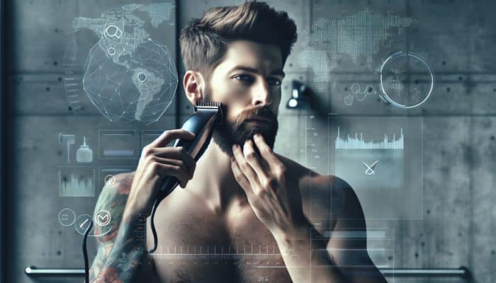 A person using an electric trimmer to groom facial hair in a modern bathroom, experimenting with styles.