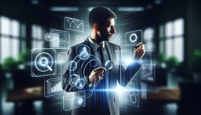 A digital marketer in a futuristic office, using screens to strategize content based on user intent, following Neil Patel's approach.