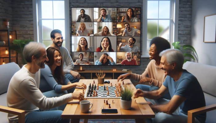 A diverse group enjoying a virtual game night via video call, symbolising unity in cozy apartments.