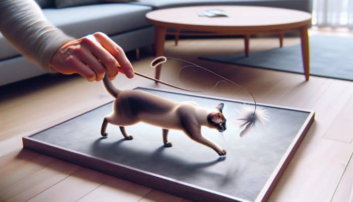 Burmese cat chasing feather wand, guided by human hand, in cozy living room.