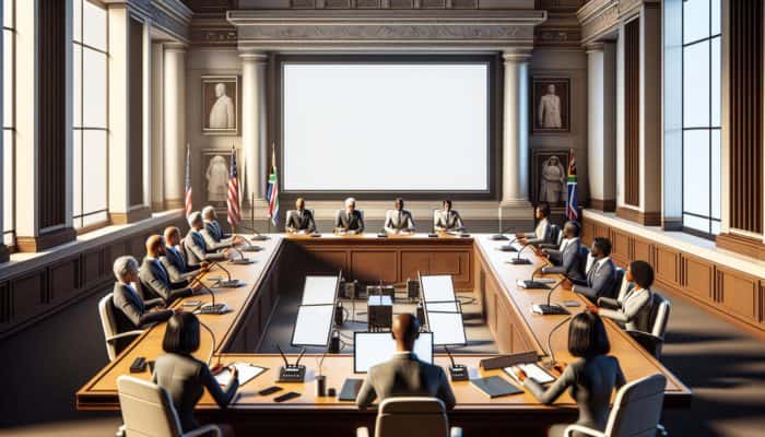 South African Reserve Bank officials adjusting interest rates on a screen, impacting Stellenbosch first-time buyers.