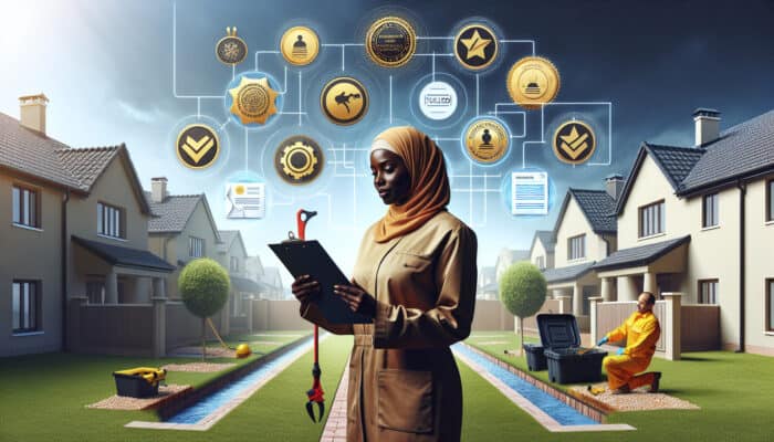 A drainage contractor discussing solutions with homeowners in a yard, with certifications and reviews visible.