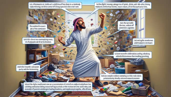 A person clearing a cluttered room, focusing on categories, celebrating progress and managing emotions.
