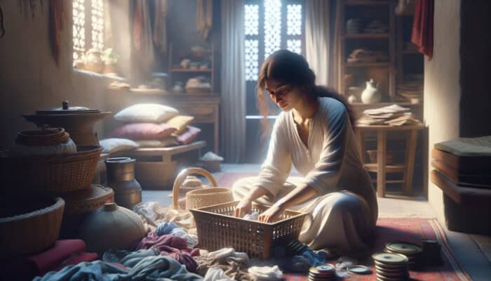 A person calmly sorting items in a cluttered house, symbolising self-compassion and patience.